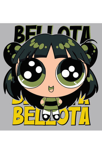 Diseño vectorial de Bellota (Bubbles) con hojas en el pelo, camiseta a rayas, texto 'BELLOTA' en negro y amarillo